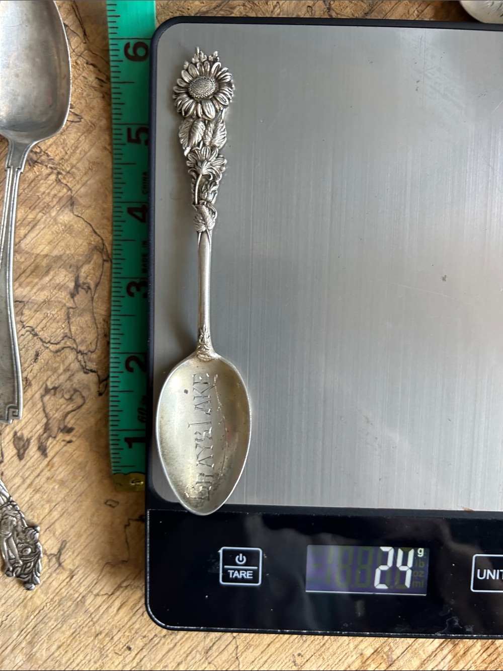 23 gr 6” Vintage Sterling Silver Floral Sunflower Demitasse Spoon Grayslake